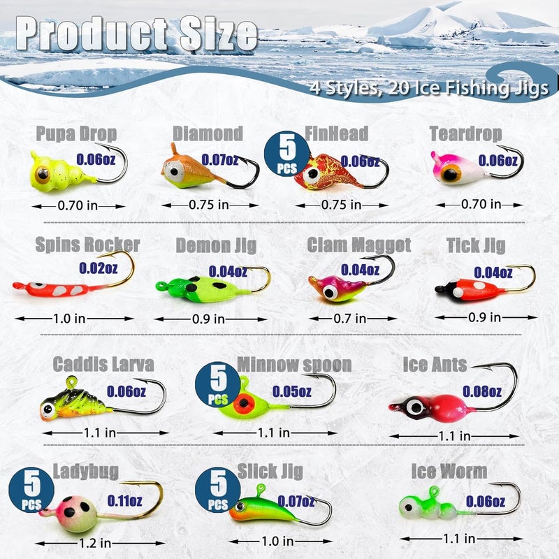 VMSIXVM 150/160/170Pcs Ice Fishing Jigs Lures Soft Plastic Worm Baits Kit, Micro Glow Winter Jig Heads Hooks for Walleye Crappie Panfish Trout, Ice Fishing Gear Equipment Tackle Accessories - Image 2